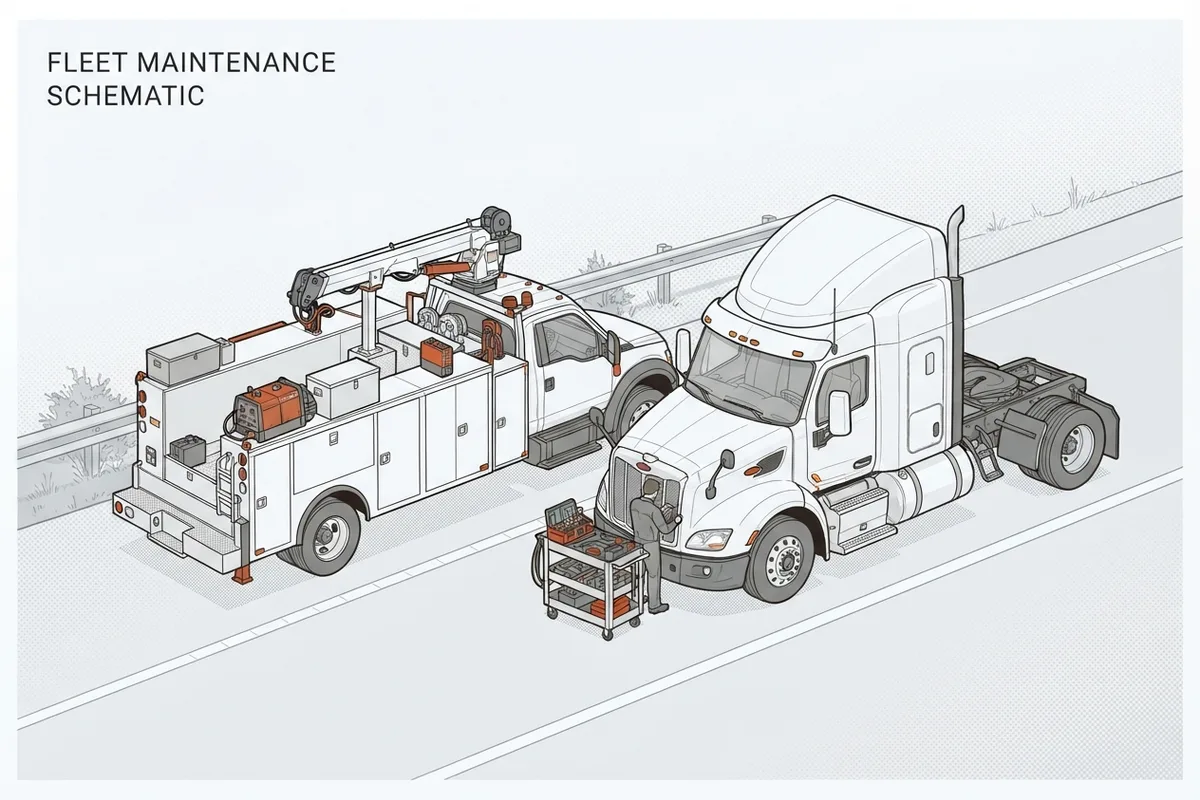 Line-art schematic of a mobile service truck beside a Class 8 semi on the highway shoulder with a mechanic cart between them