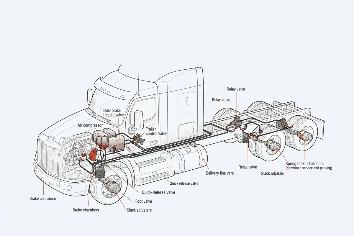 Cutaway schematic of a semi truck air-brake system along the chassis with chambers and lines highlighted