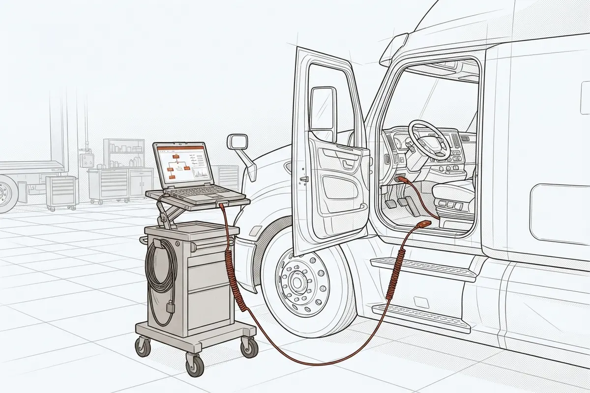 Schematic of a technician diagnostic laptop on a wheeled stand connected to a semi truck dashboard with the cab door open