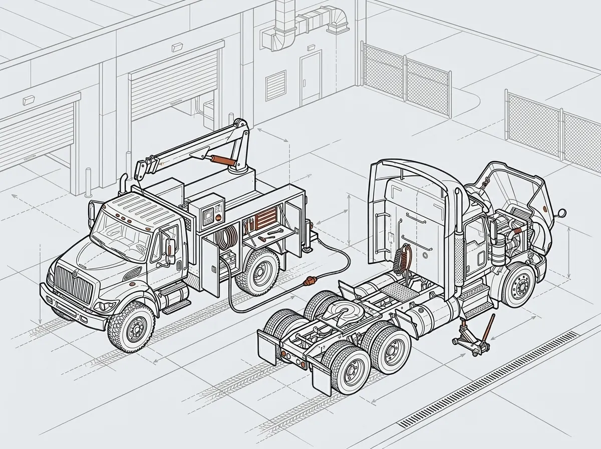 Mobile service truck parked beside a semi truck during field repair