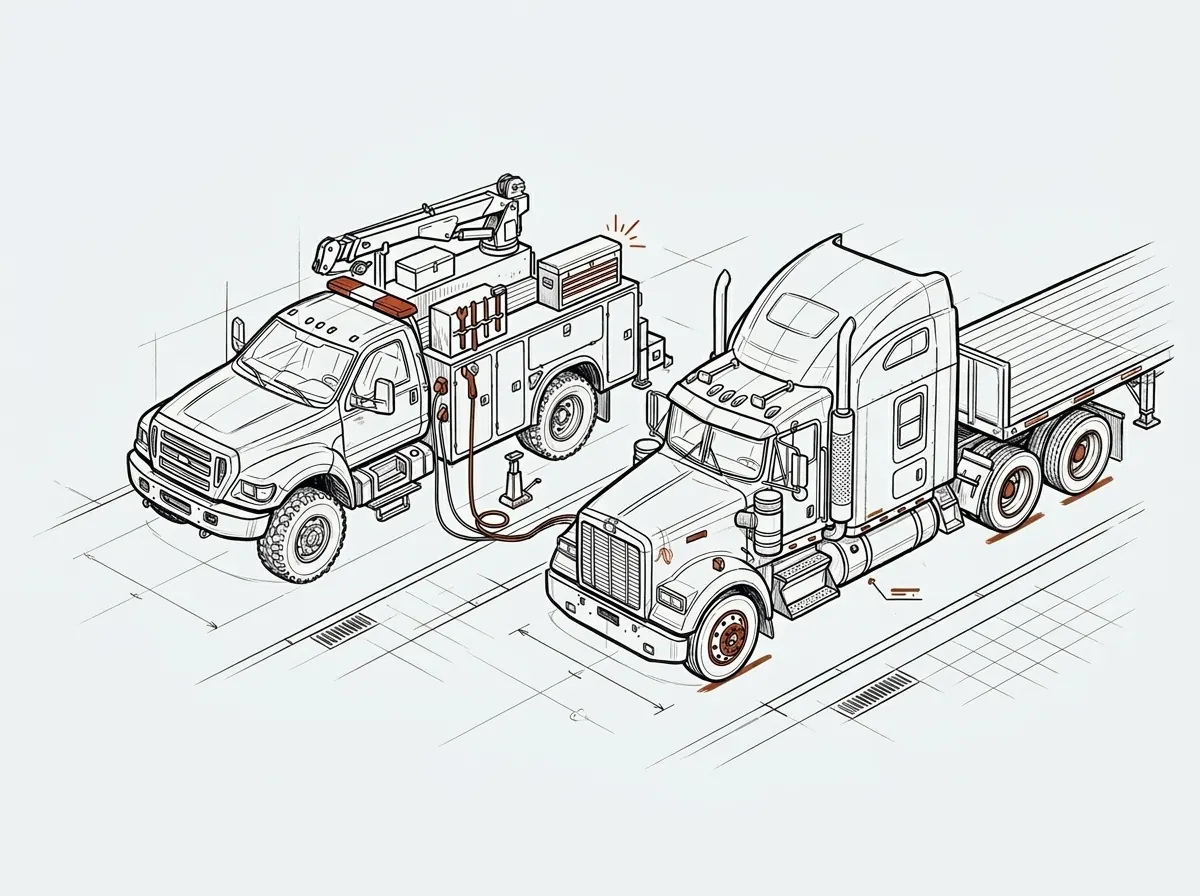 Service truck supporting a semi truck at roadside