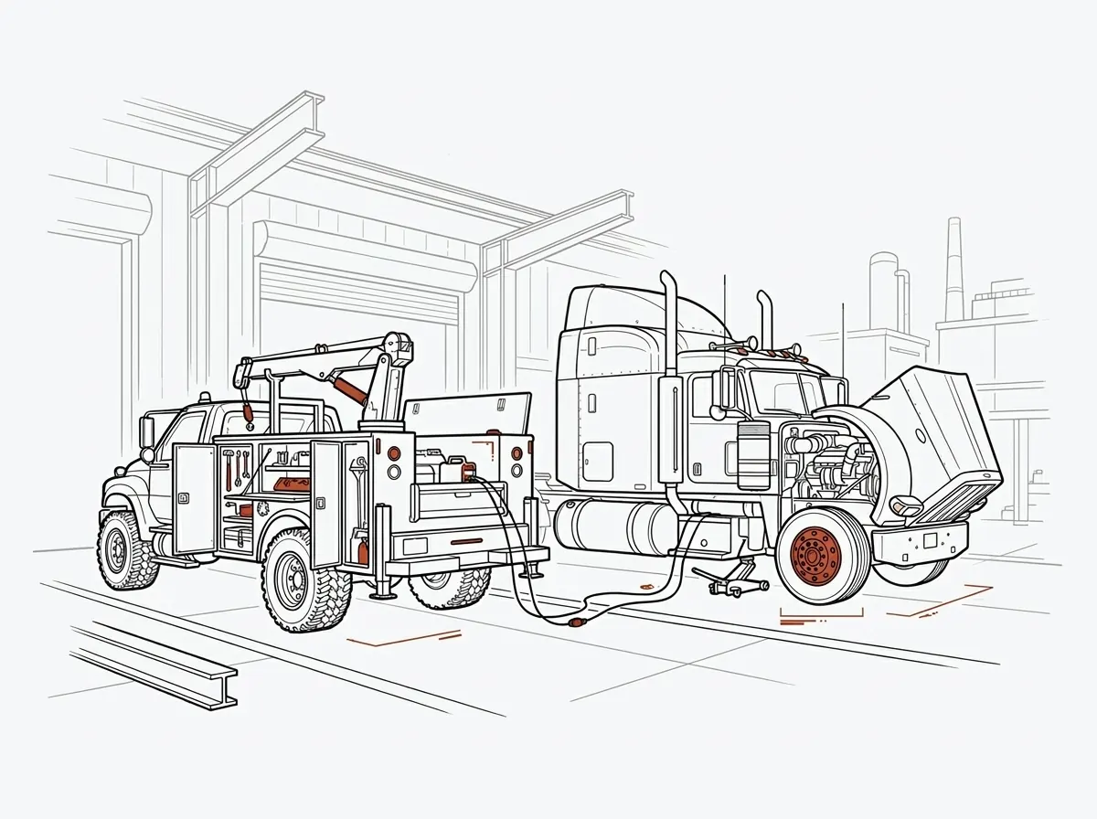 Field mechanic service vehicle beside a commercial semi truck