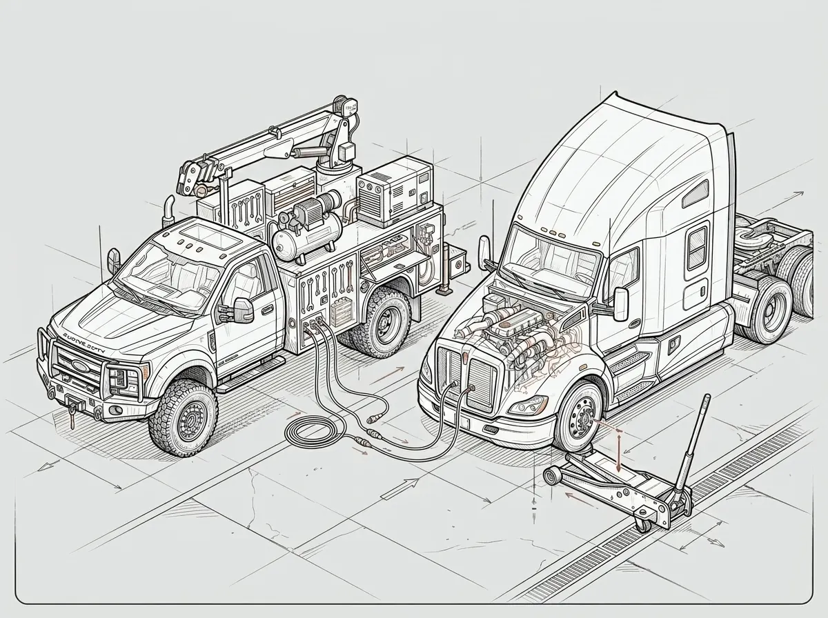 Heavy-duty roadside repair setup with service truck and semi
